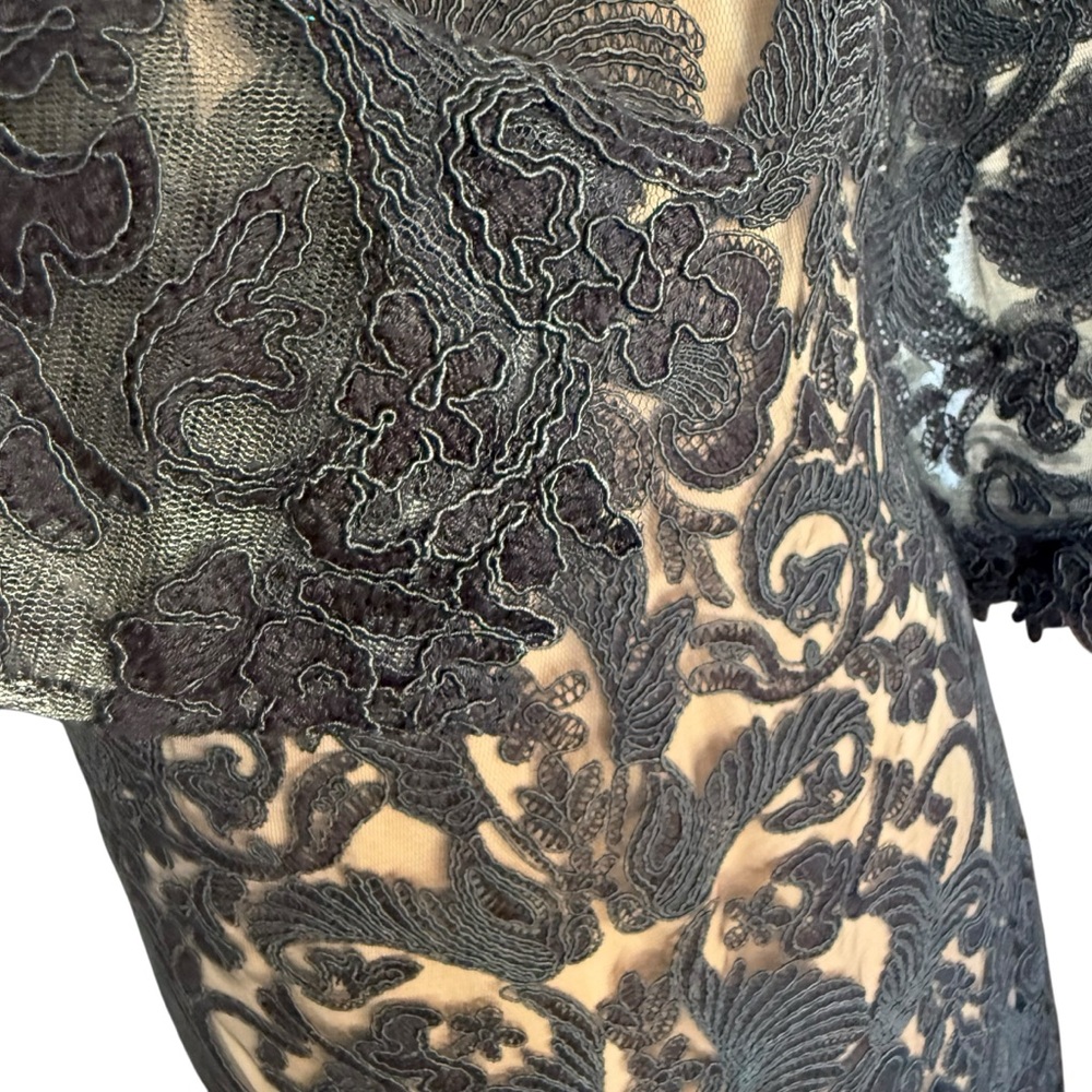 Tadashi Shoji Black Corded Embroidery Tulle 3/4 Sleeve Lace Dress Evening 12 - Picture 7 of 16